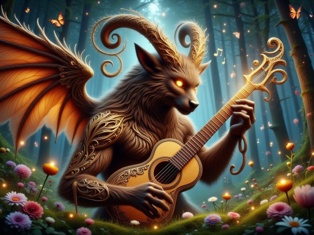 Mystical Brown Creature with Golden Horns and Majestic Wings