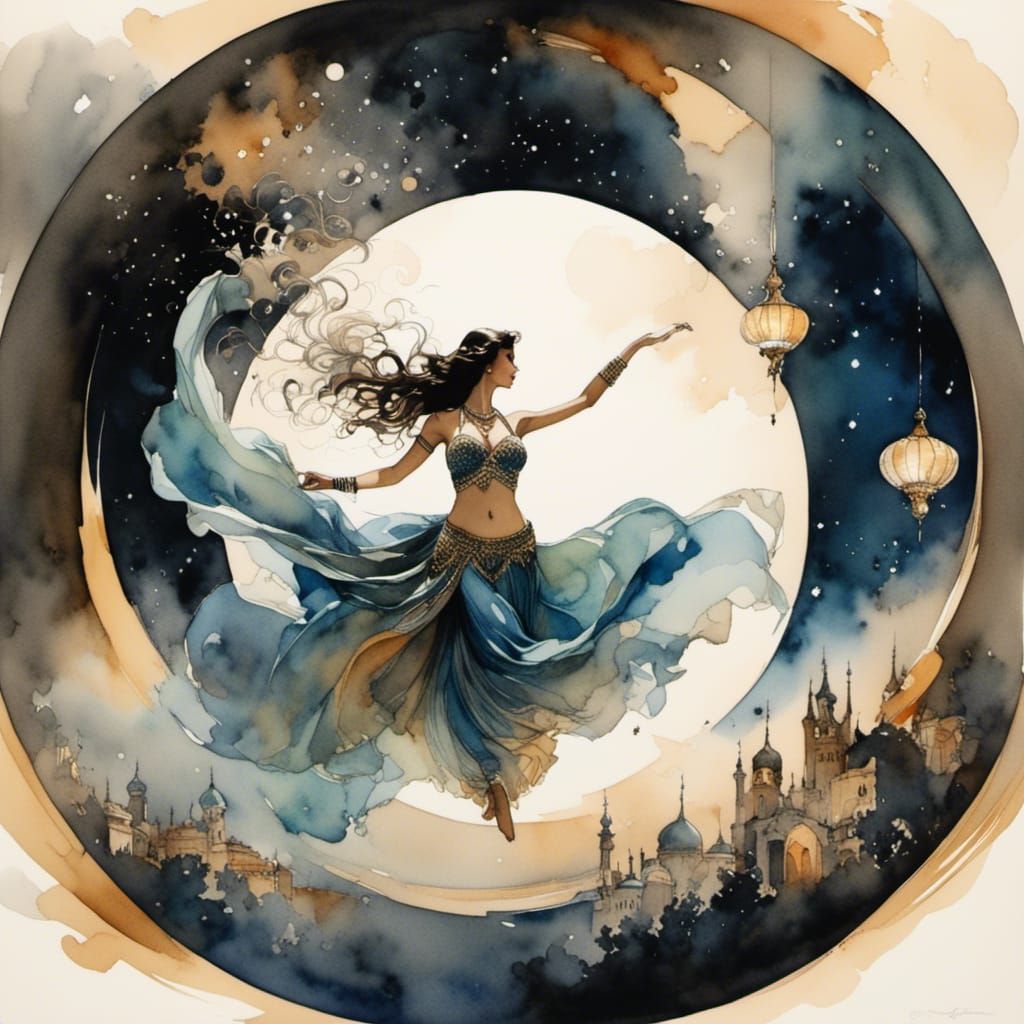 Belly Dancer in Motion Under Starry Sky