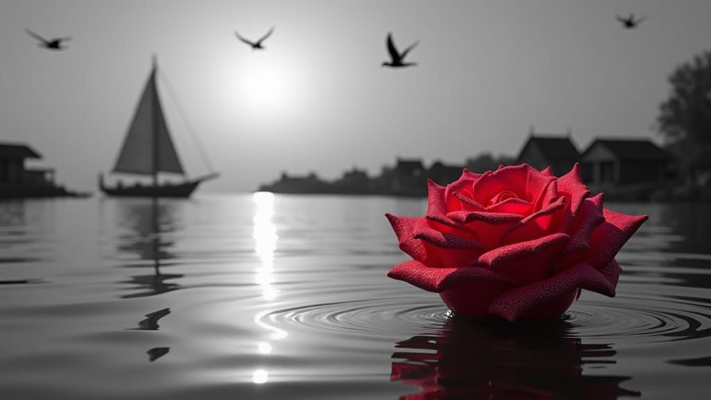 Monochrome River Scene with Floating Red Rose