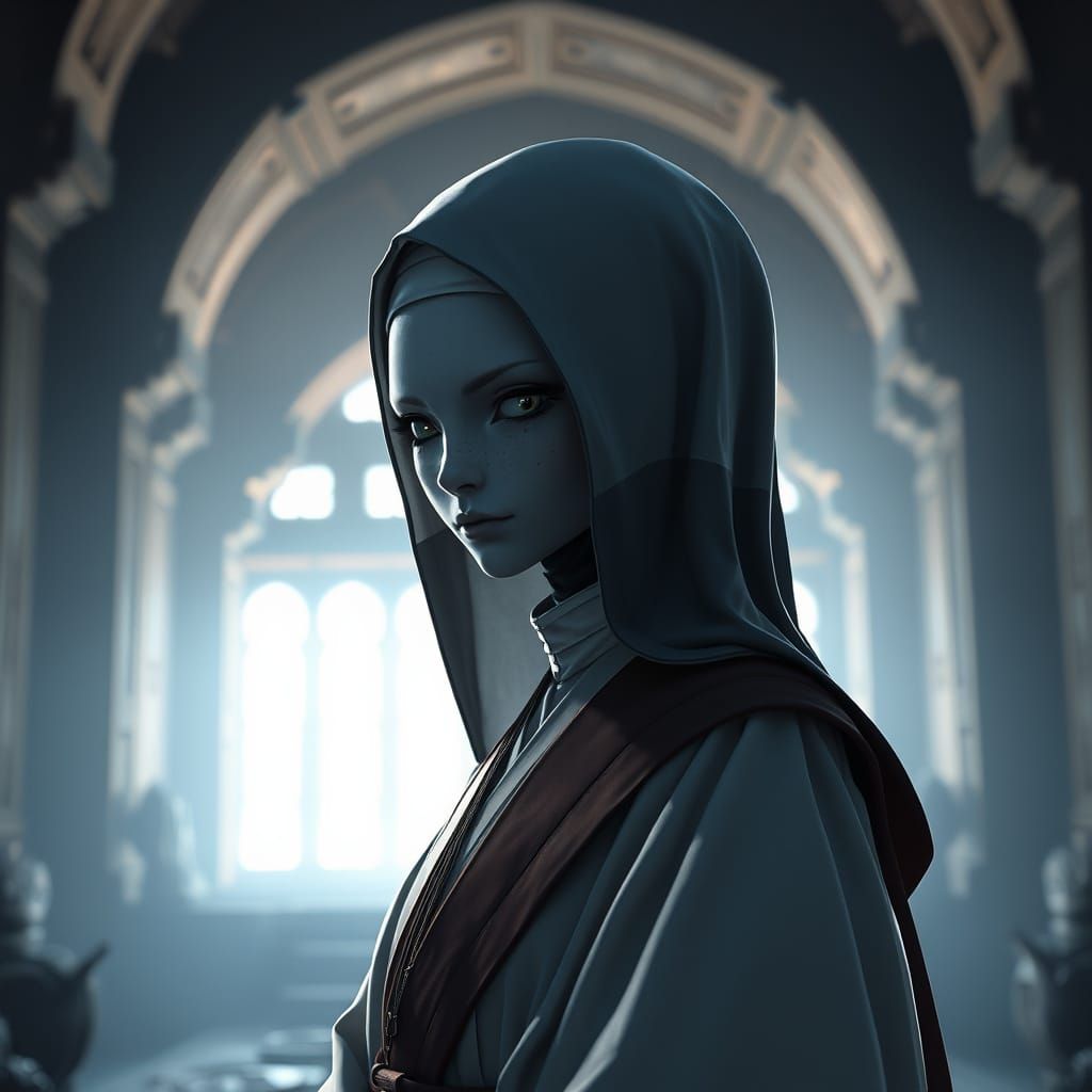 Alien Nun in Ancient Sanctuary, 3D Anime Art Style