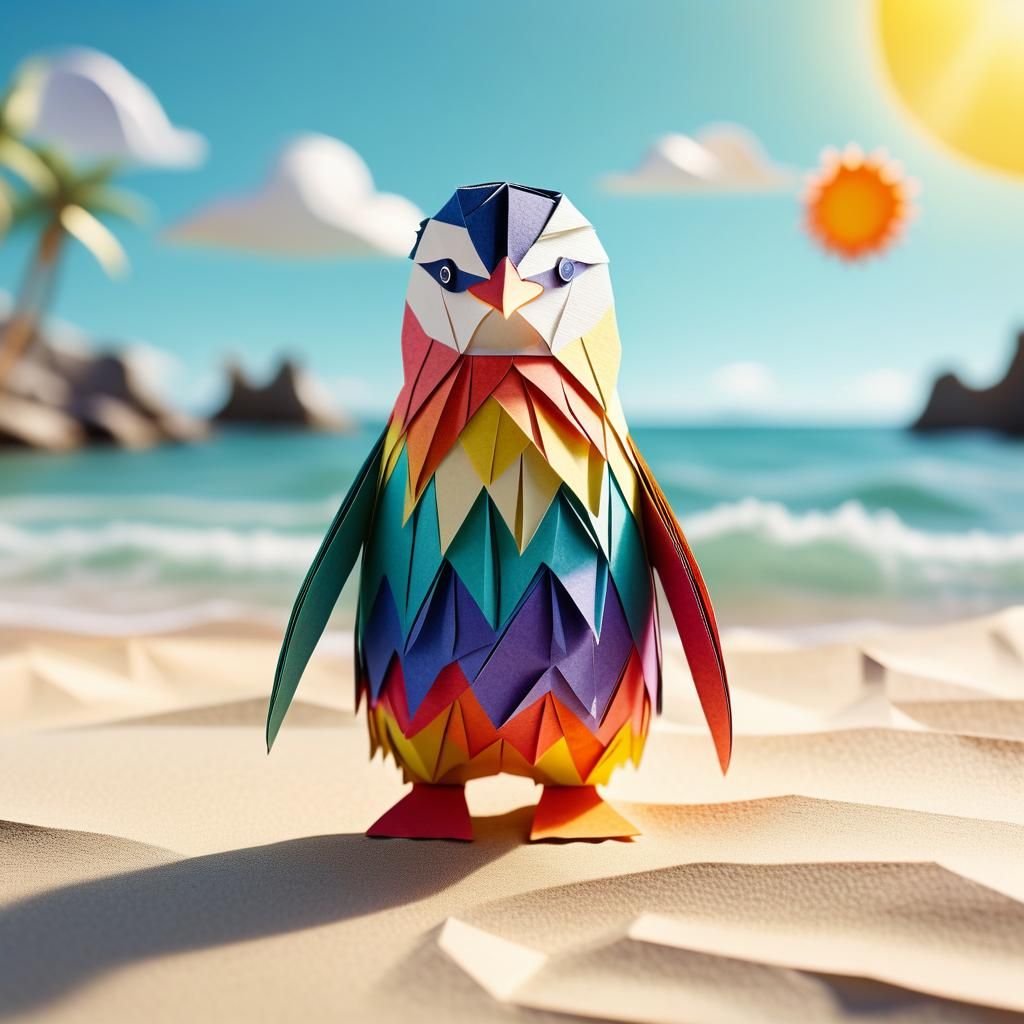 Penguin in Swimsuit: Whimsical Papercraft Beach Scene