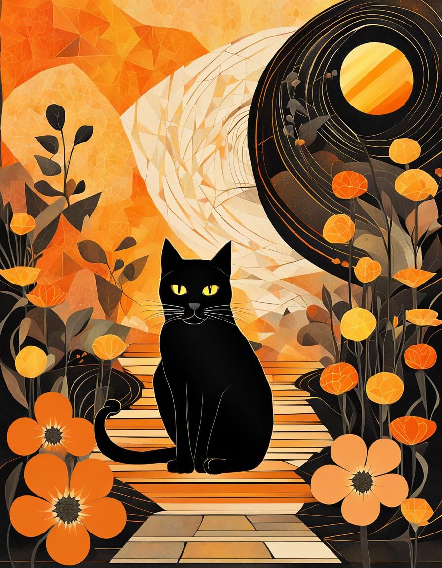 Whimsical Black Cat in Abstract Surreal Mixed Media