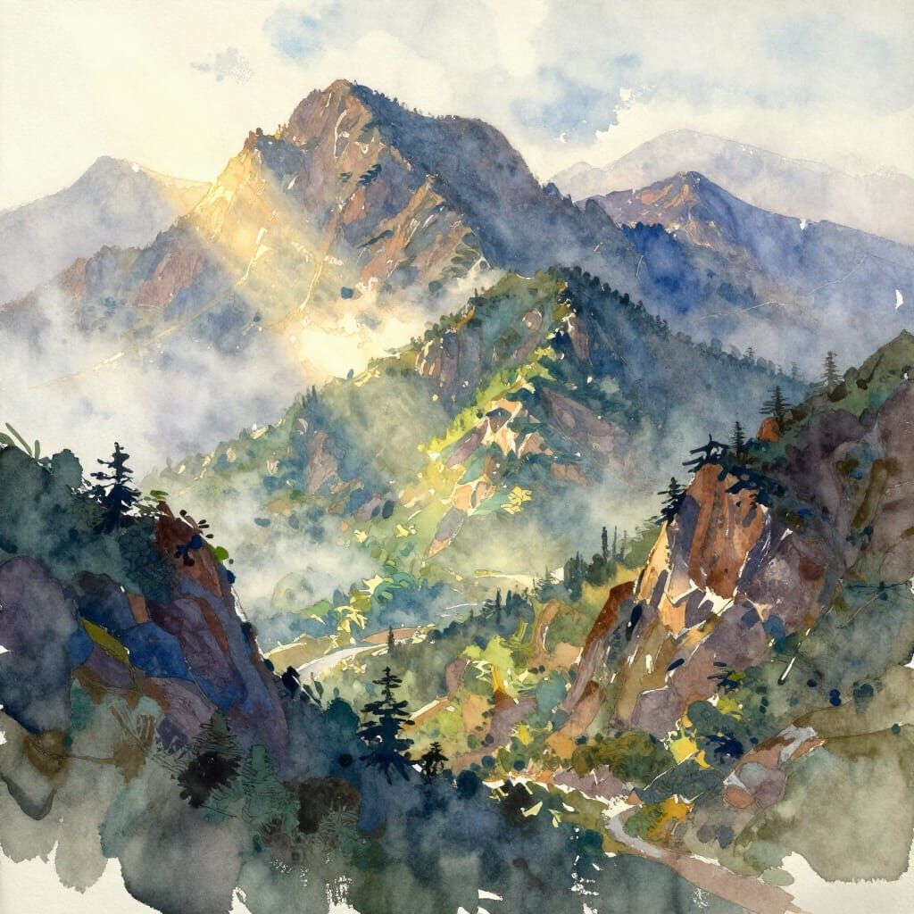 Majestic Mountain Range in Expressive Watercolor Style