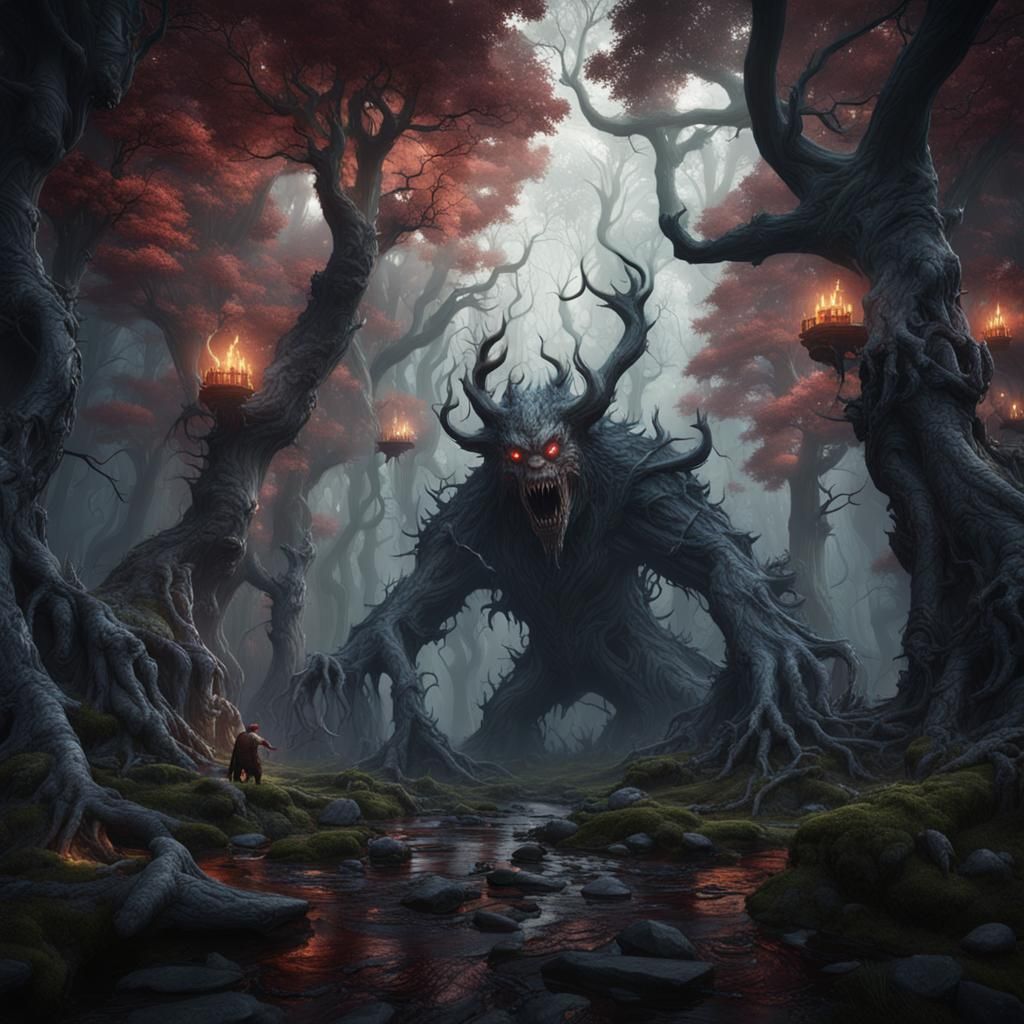 Monsters and Ghosts in a Dark Fantasy Forest