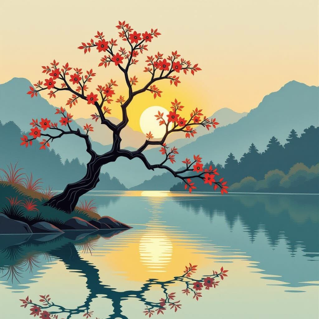 stylized tree, intricate paper-cut designs, vibrant red and ...