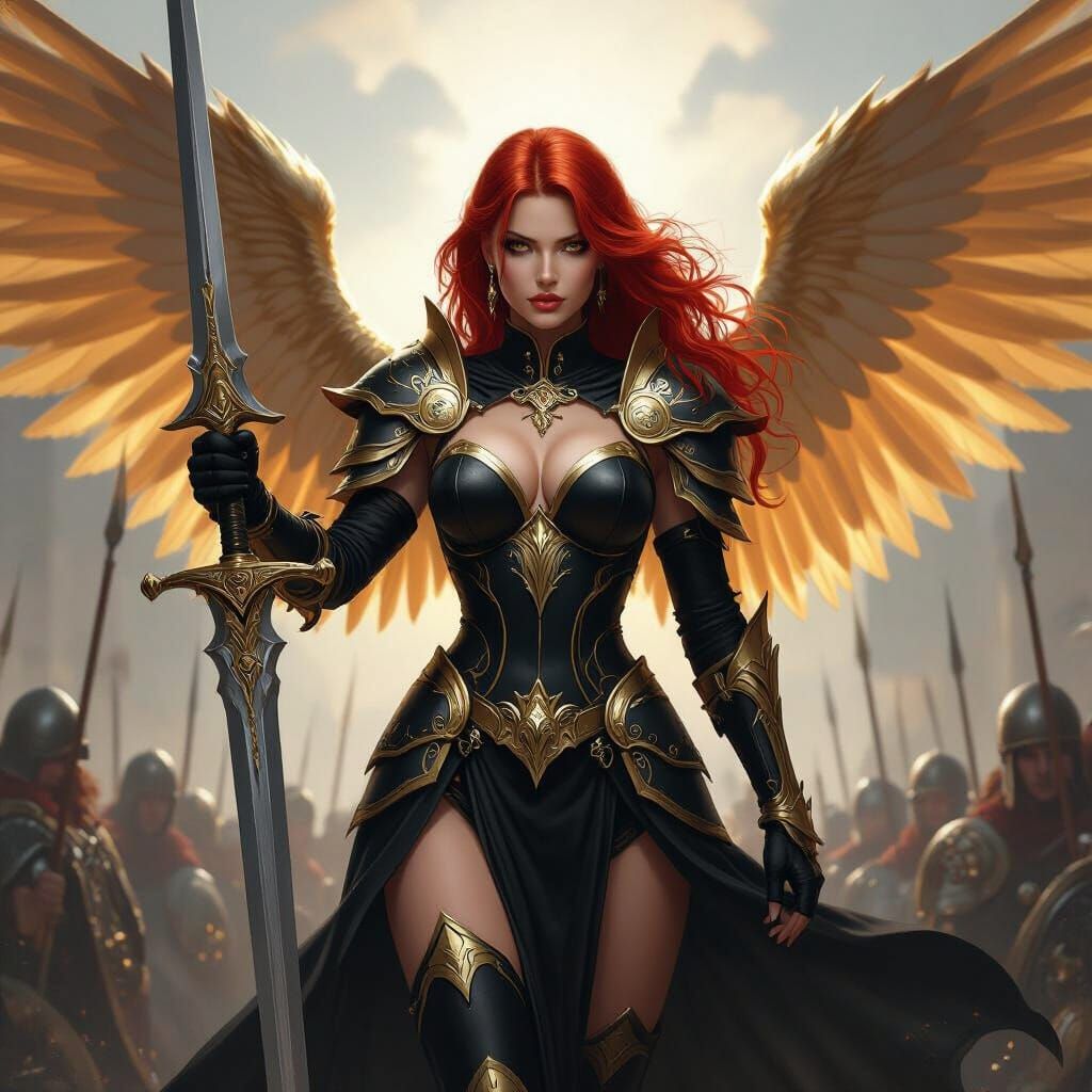 Valkyrie Leading Army with Great Sword and Golden Wings