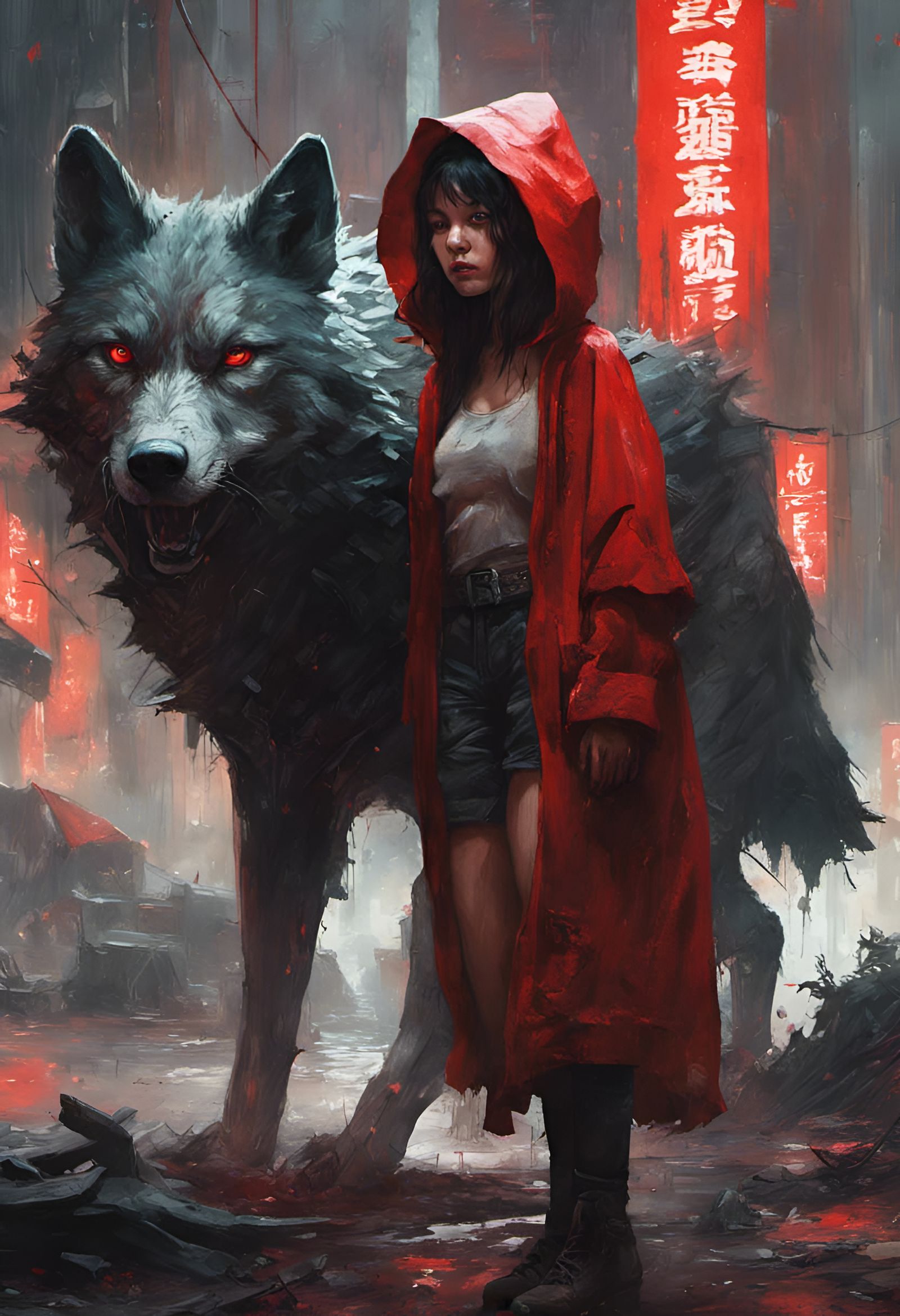 Red Riding Hood and Wolf in Cyberpunk Style