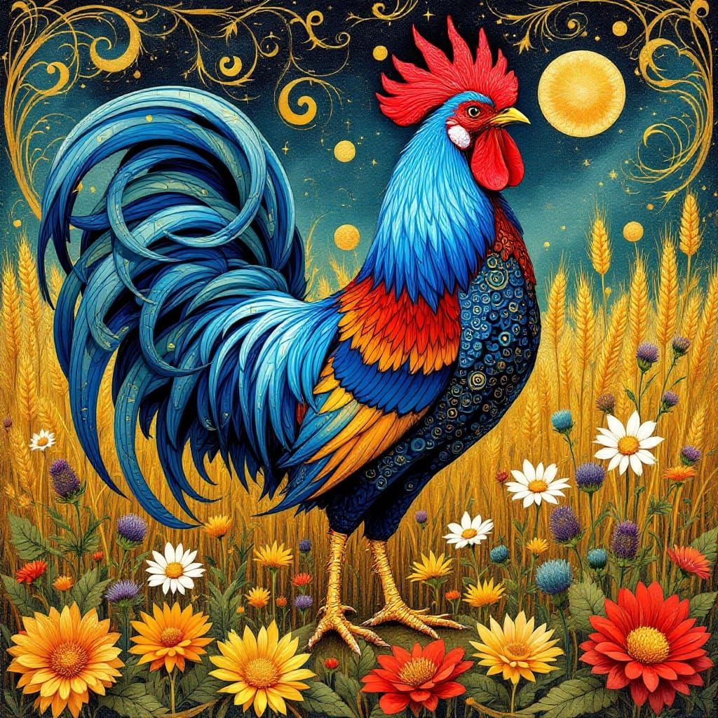 Majestic Rooster in Vibrant Art Nouveau Scene
