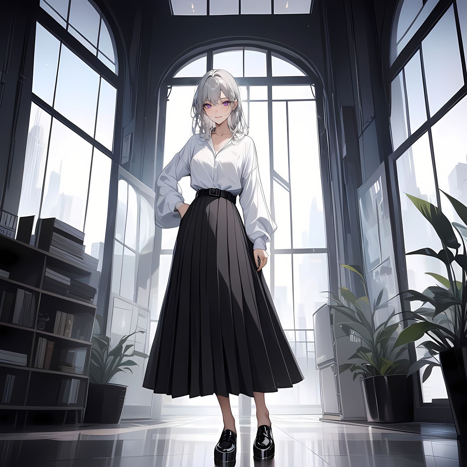 Girl in White Blouse by Window, High Resolution