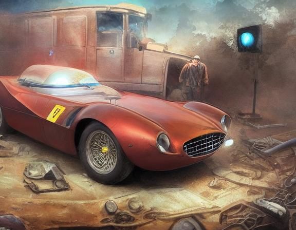 Rusted 1960s Ferrari Convertible in Gouache Style