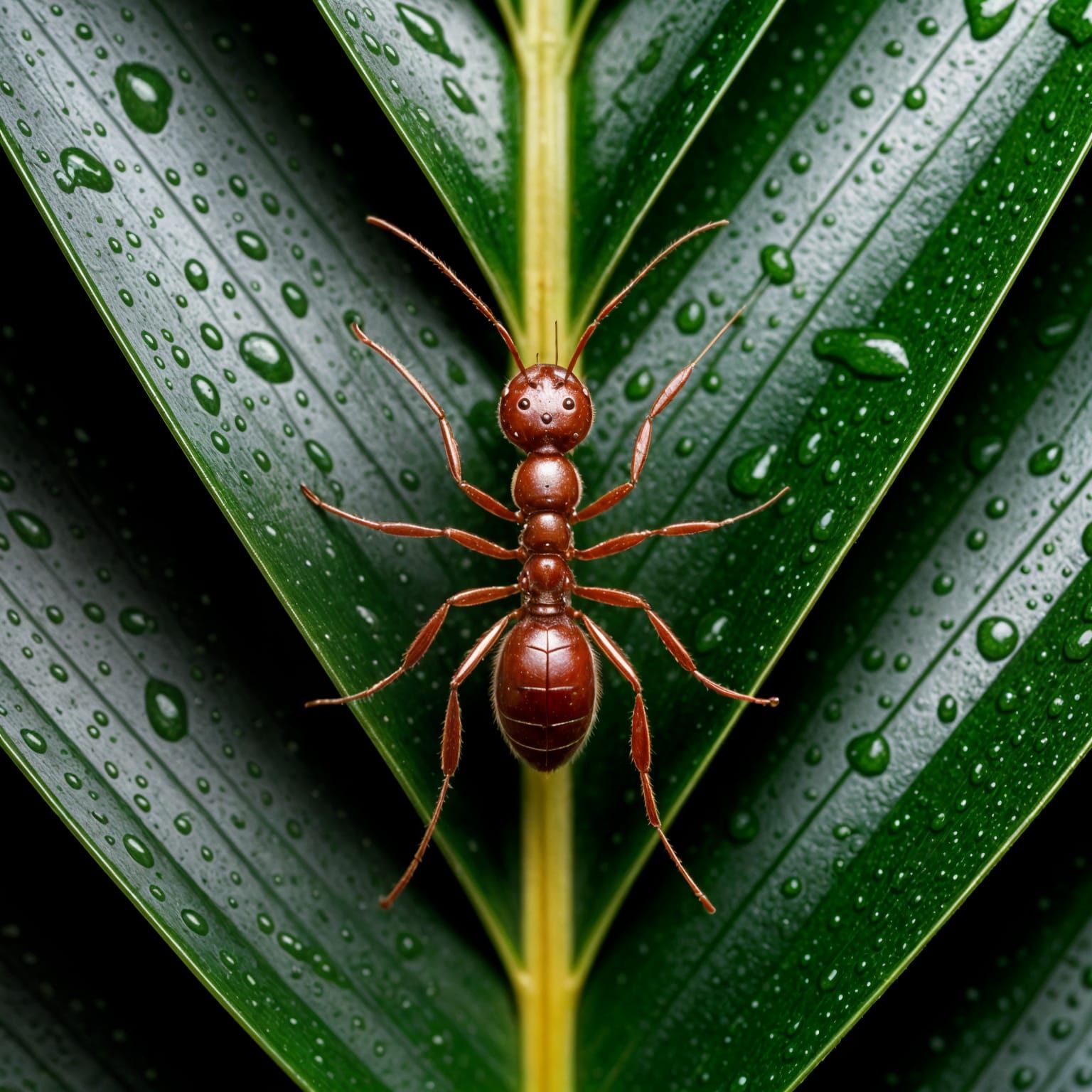 Red Ant on Tropical Leaf in Cinematic Realism