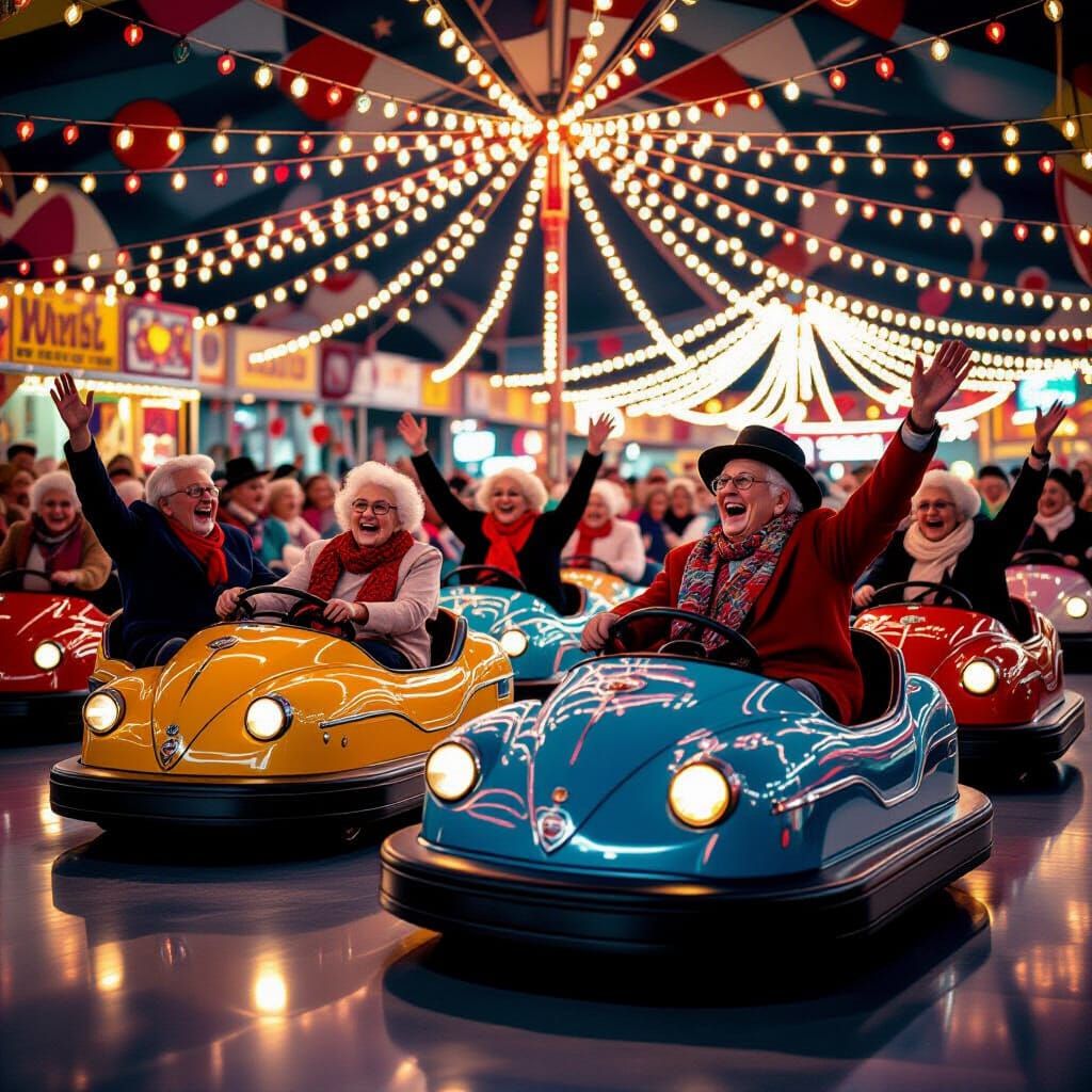 Joyful Seniors Relive Youth in Carnival Bumper Cars