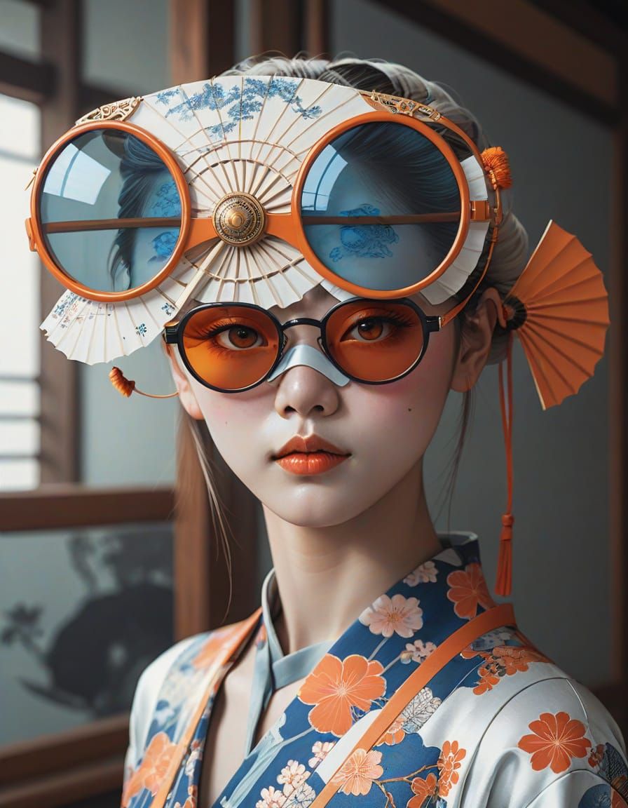 Futuristic Japanese Woman with Blue Eyes in Ukiyo-e Style