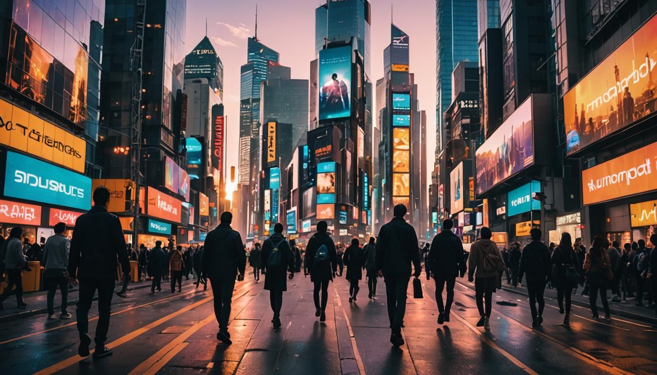 Futuristic Metropolis at Sunset in Cyberpunk Style