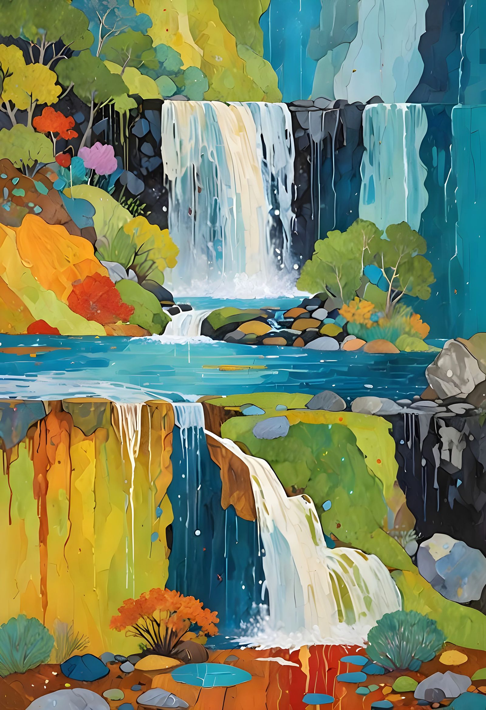 Surreal Waterfall Landscape in Abstract Style