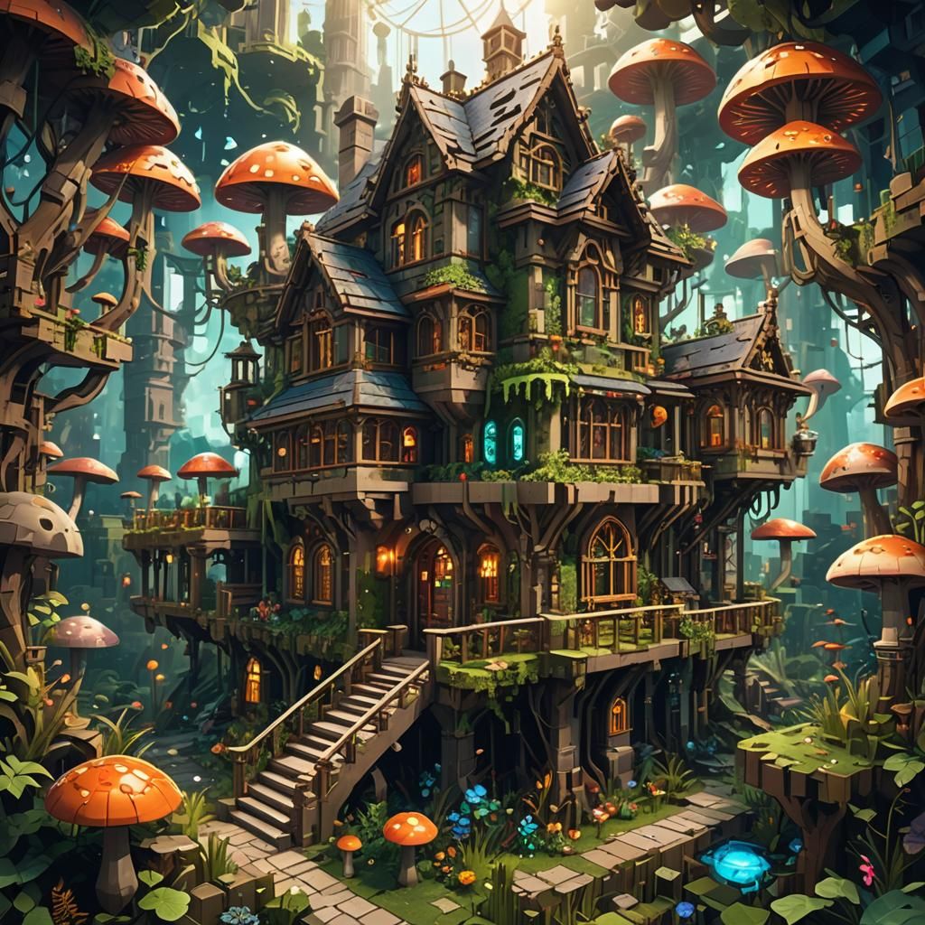 Minecraft Solarpunk House with Glowing Mushrooms