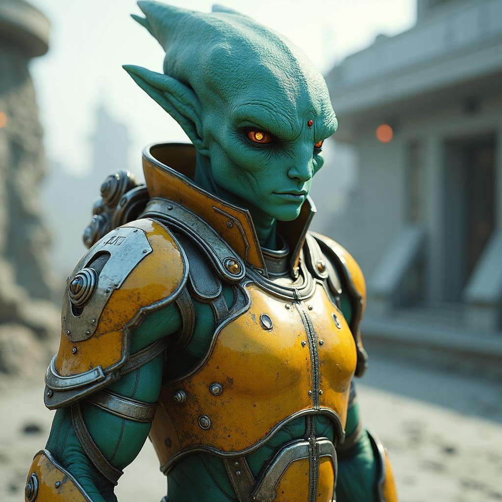Green Alien Warrior in Futuristic Armor