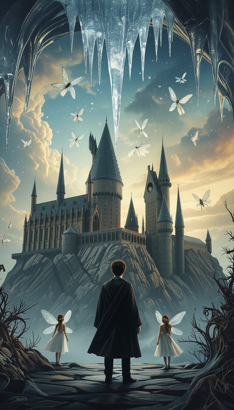 Wizard at Castle with Fairies in Surreal Style