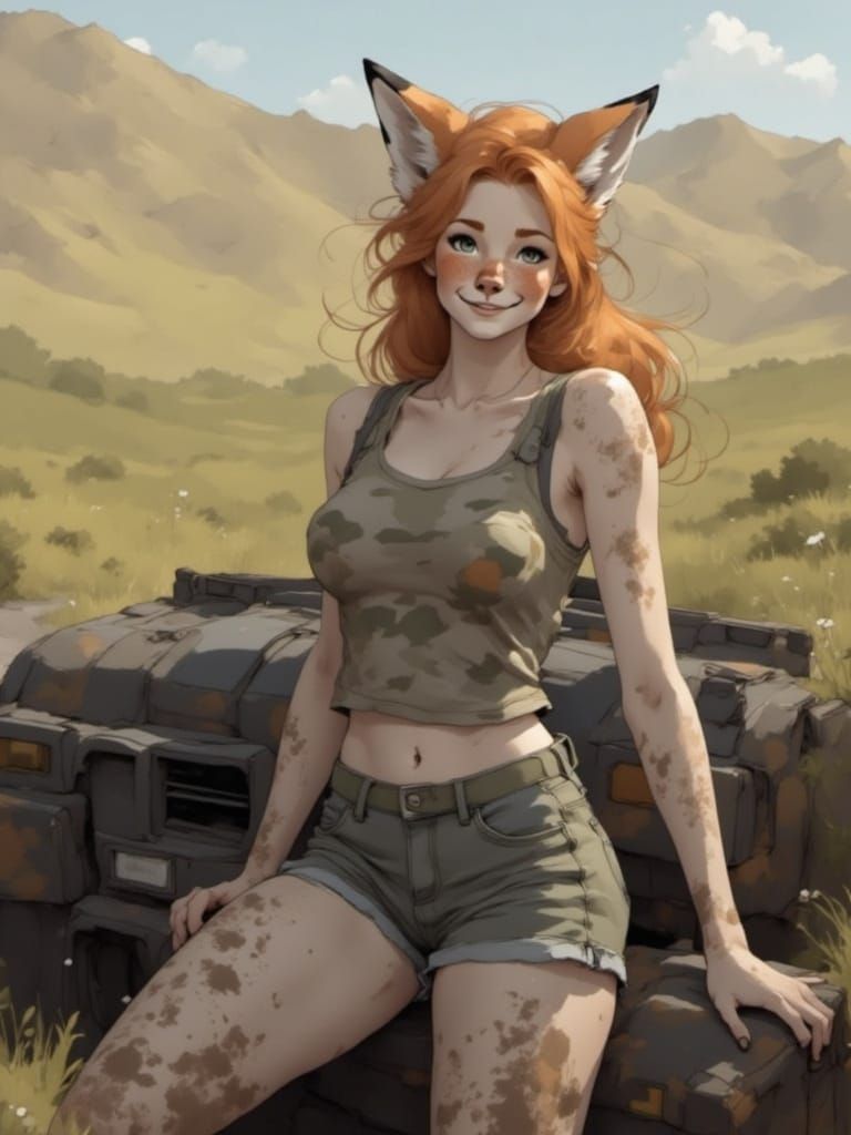 Fox-girl Vixen covered in Mud and dirt after riding an ATV