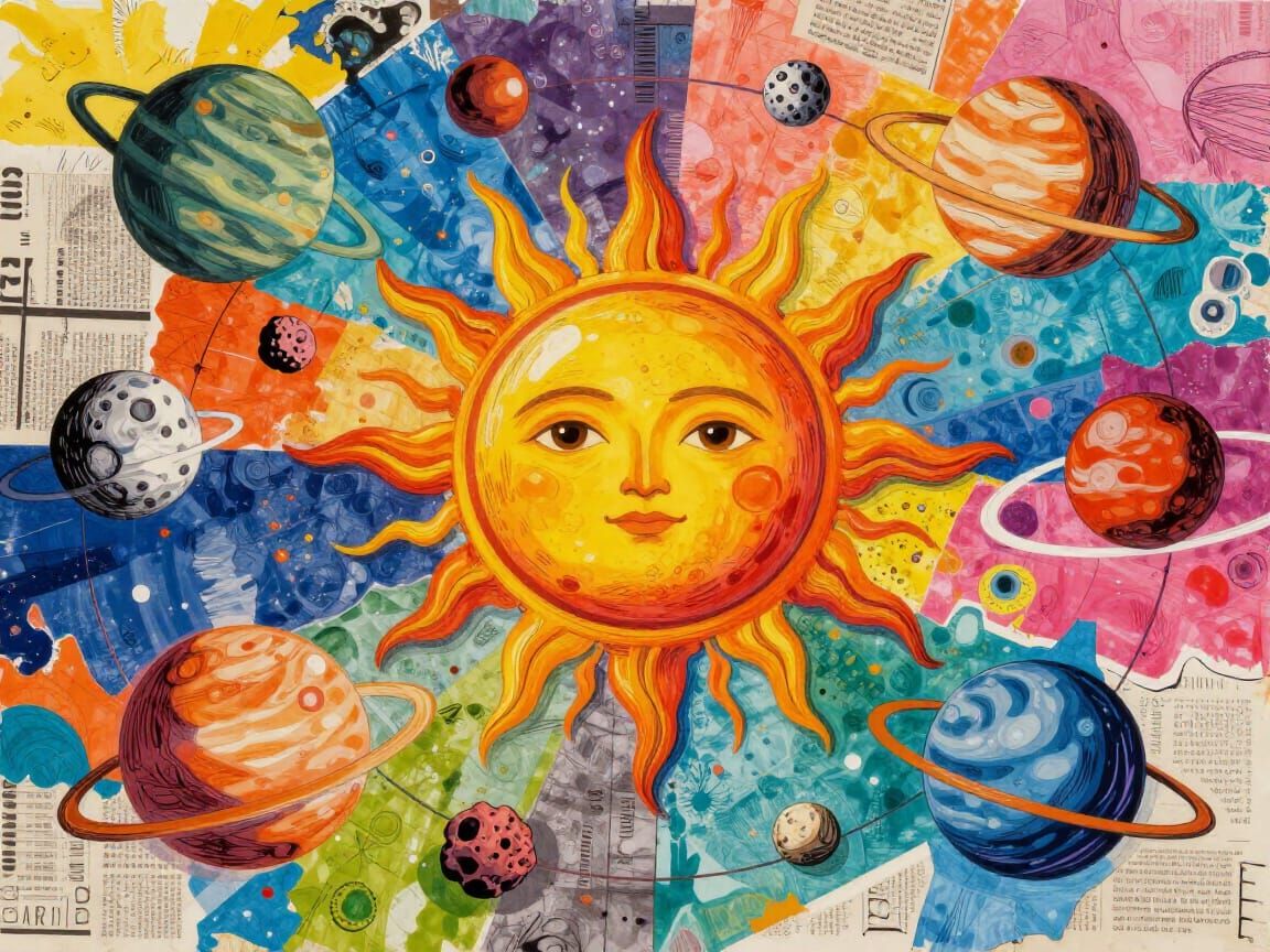 Vibrant Solar System Collage in Mixed Media Style