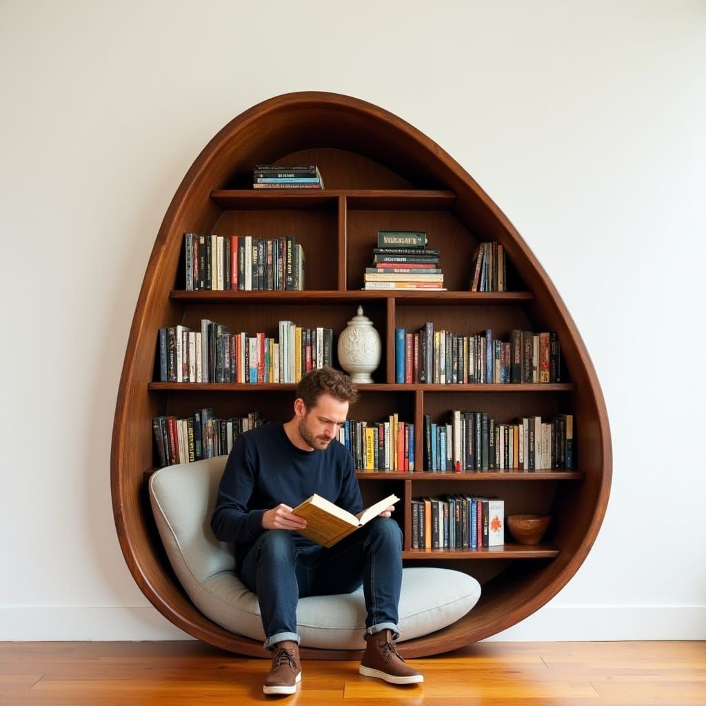 Cozy Reading Nook with Curved Bookshelf