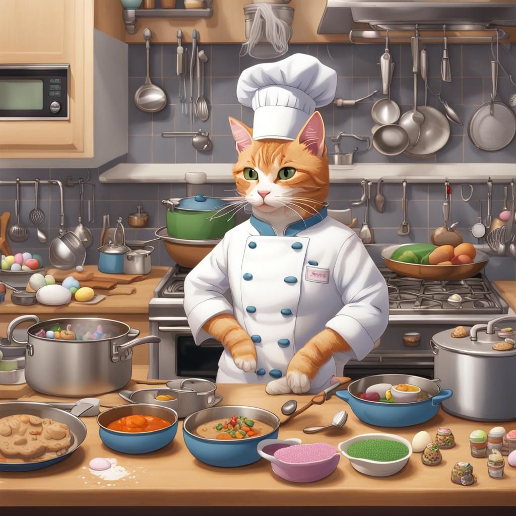 Cat Chef Cooking in a Detailed Kitchen Scene