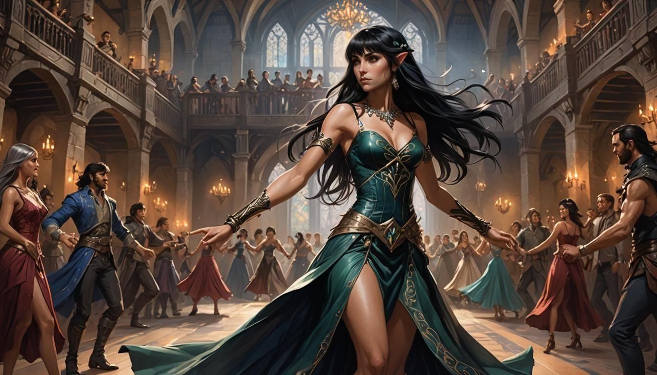 Elegant Elf Dances in Opulent Ballroom: Fantasy Art