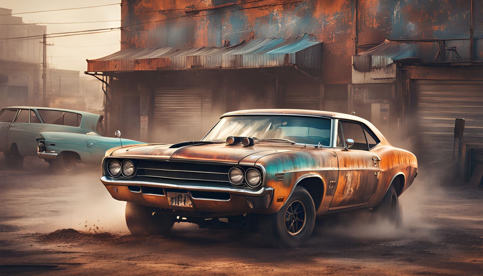 Rust-bucket muscle car kicking up dust