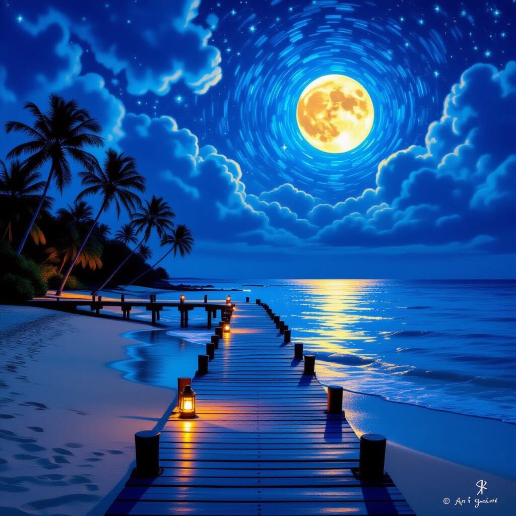 Surreal Starry Night Beach with Wooden Pier