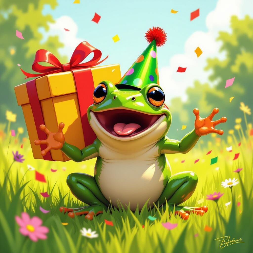 Ecstatic Frog Celebration in Lush Meadow