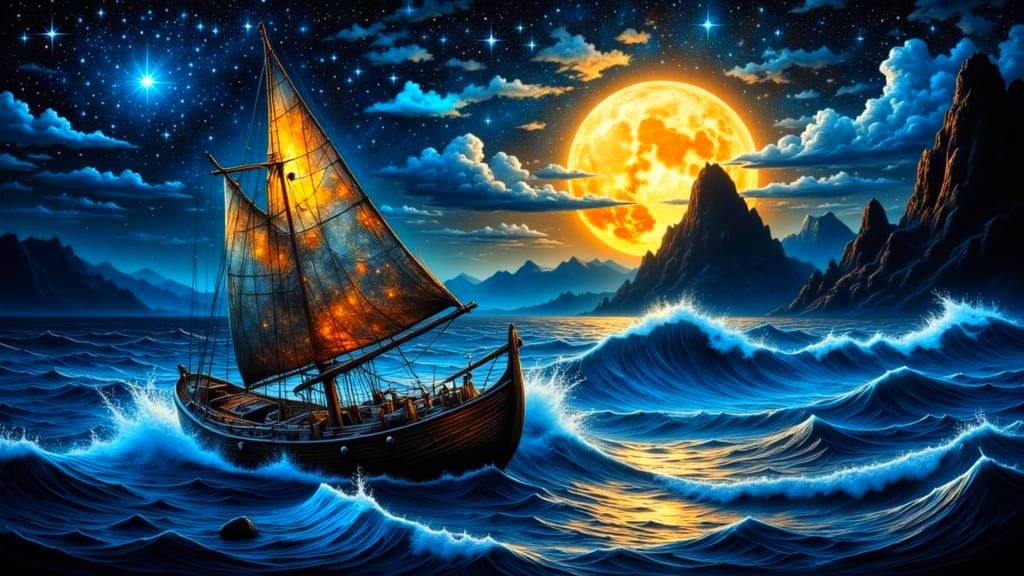 Stormy Seascape with Tattered Sailboat Under Moon