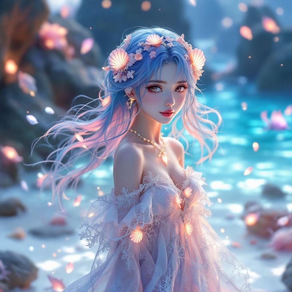 Bioluminescent Beach Anime Girl with Seashells