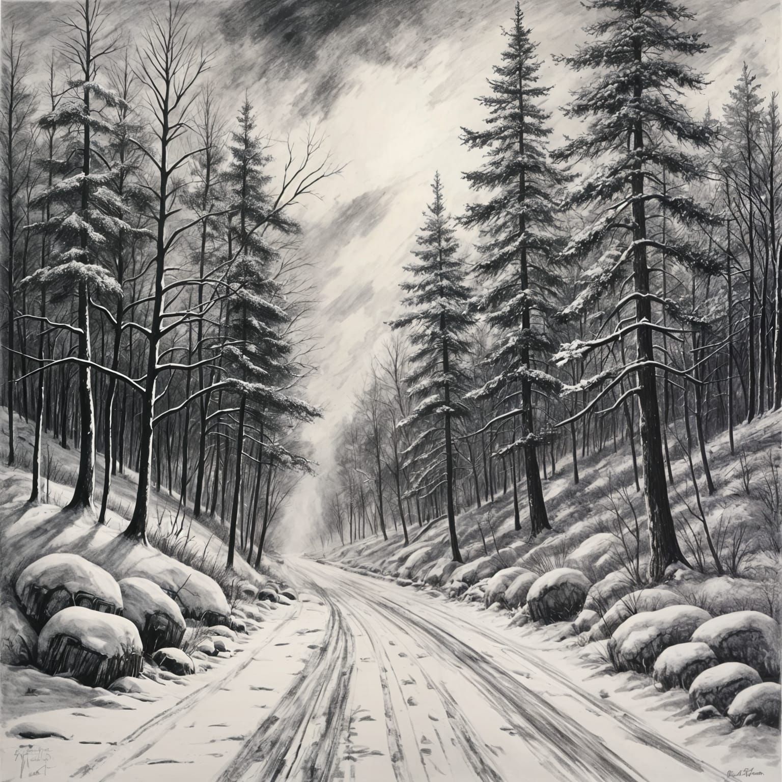 Winter Landscape in Hyperdetailed Charcoal Drawing