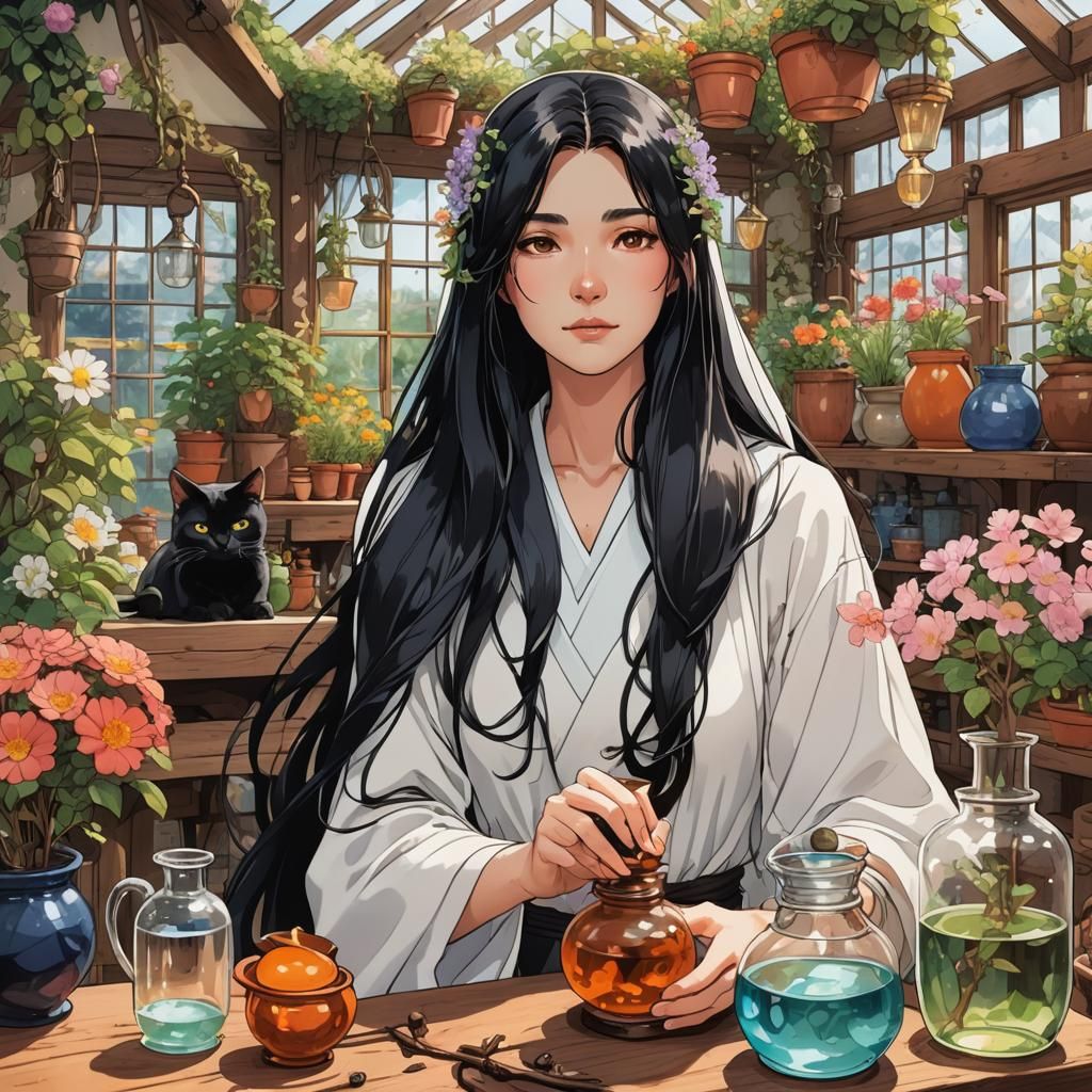 Girl Mixes Potions in Ghibli Anime Greenhouse