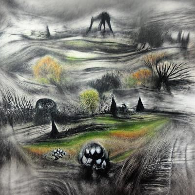 Spooky Meadow Landscape in Charcoal Style