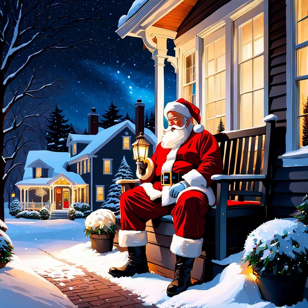 Santa Claus on a Boston Porch in Snow