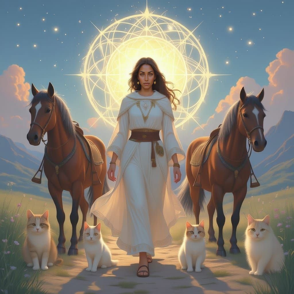 Woman With Horses and Cats in Celestial Dawn