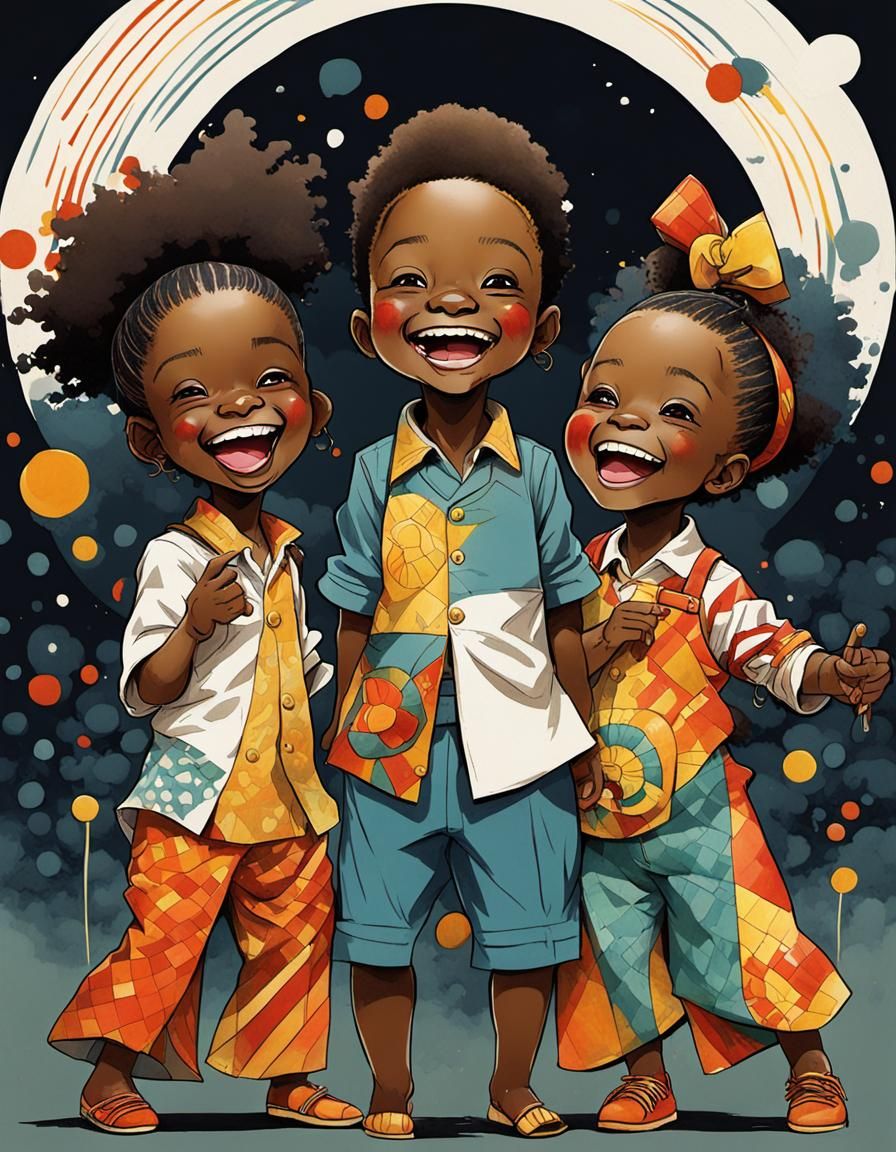 Laughing Toddlers in Anime-Inspired Bauhaus Style