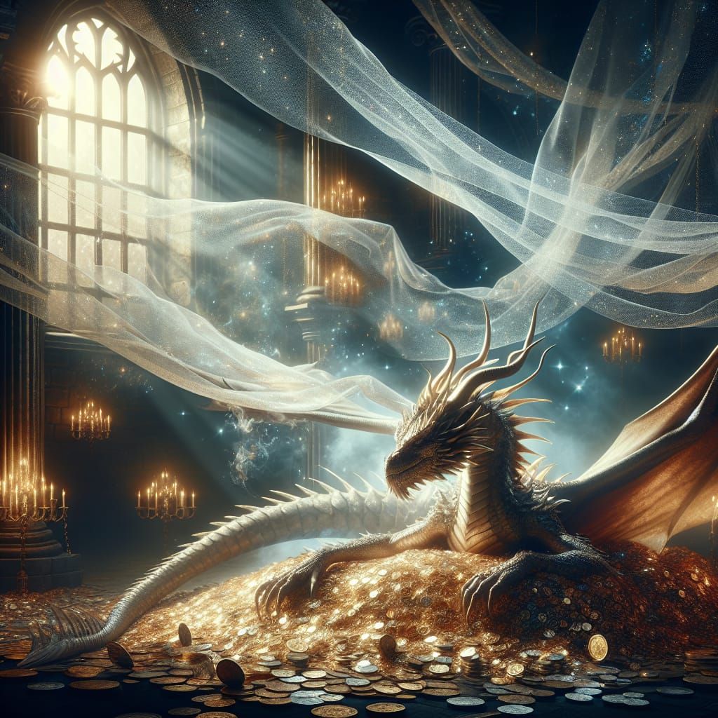 Fantasy Dragon on Treasure Pile, Cinematic Digital Art