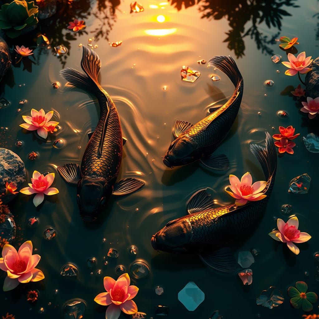 Majestic Koi Fish in Enchanted Sunset Pond Scene