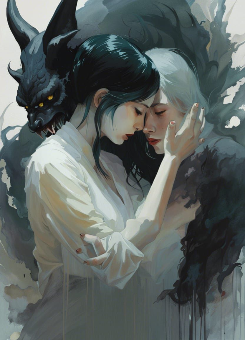 Woman Comforting Demon: Double Exposure Illustration