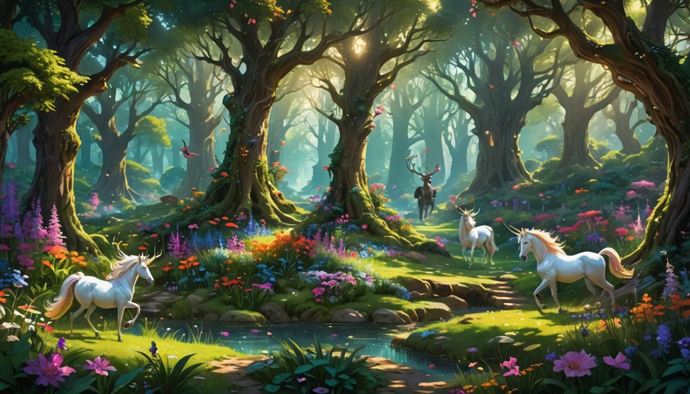 In a sun-dappled glade within the mystical Feywild, vibrant flowers bloom in impossible hues. Ethereal creatures.