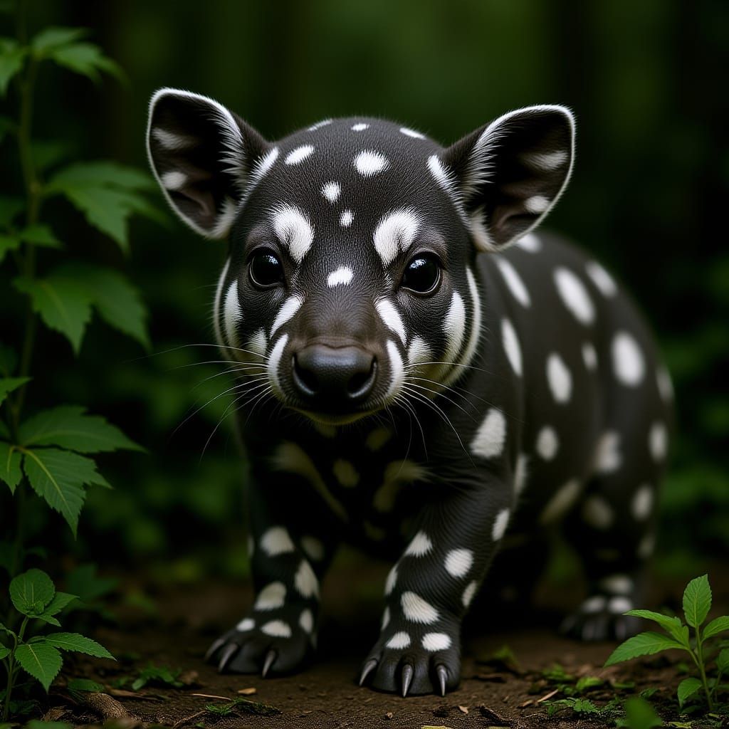 Cute Baby Malayan Tapir with Spots and Stripes