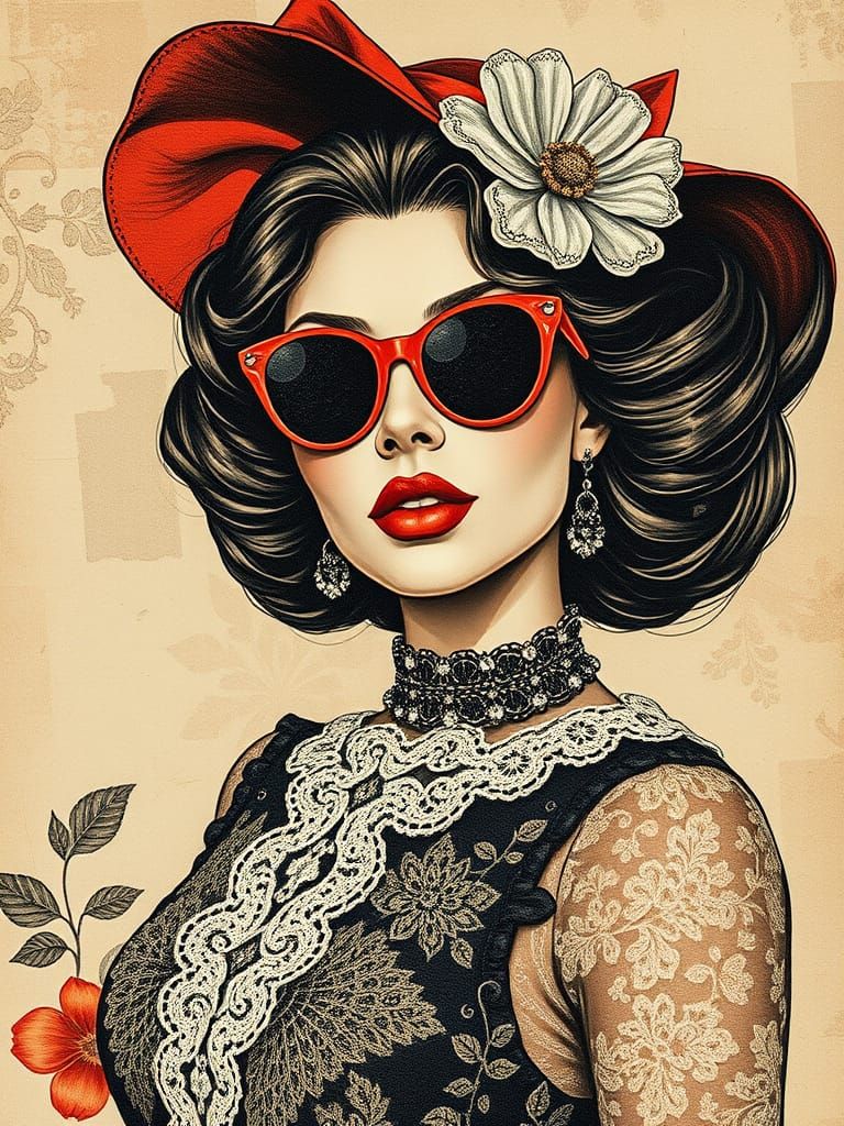 Fashionable Lady in Elegant Lace Collage