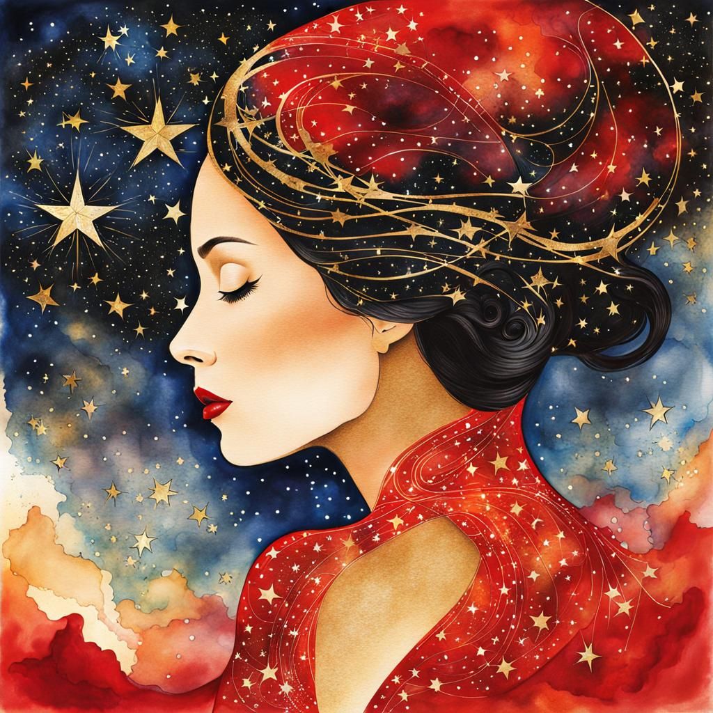 Dreaming Woman in Starry Night: Watercolor Art