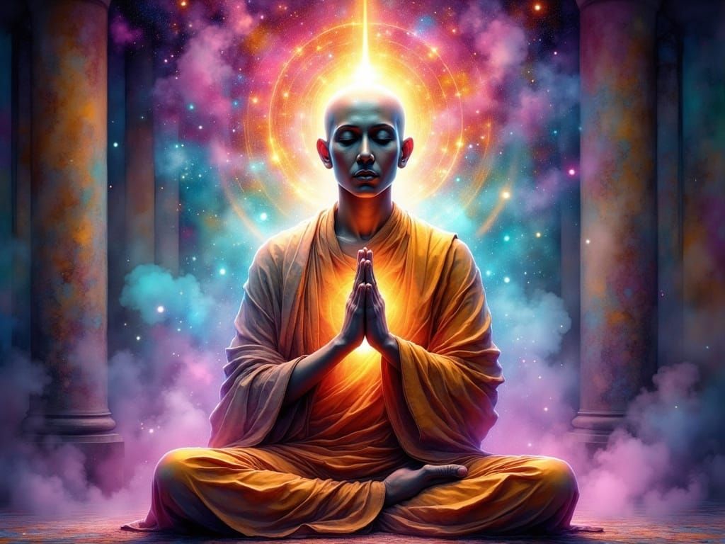 Buddhist Monk in Prayer with Krilian Aura