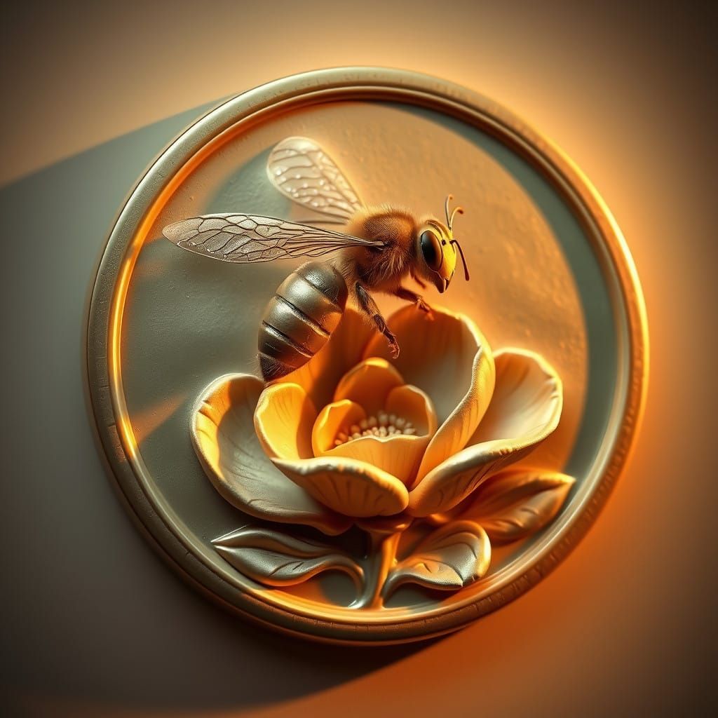 Golden Honey Bee in Mid-Air, Ancient Coin Style Relief
