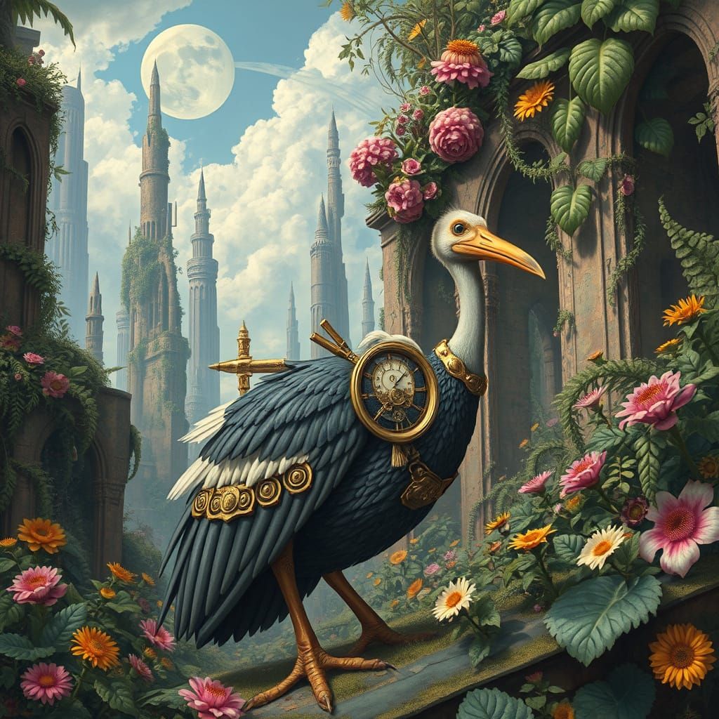 Steampunk Dodo Exploring Futuristic Ruins