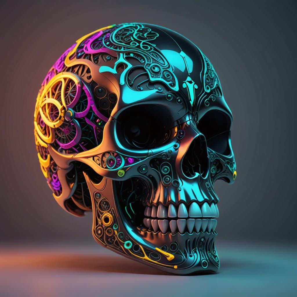 Cyberpunk Skull in Neon Patterns on White