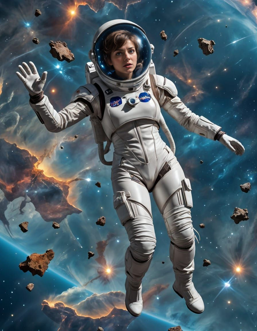 Realistic Sci-Fi Spacewoman in Zero Gravity